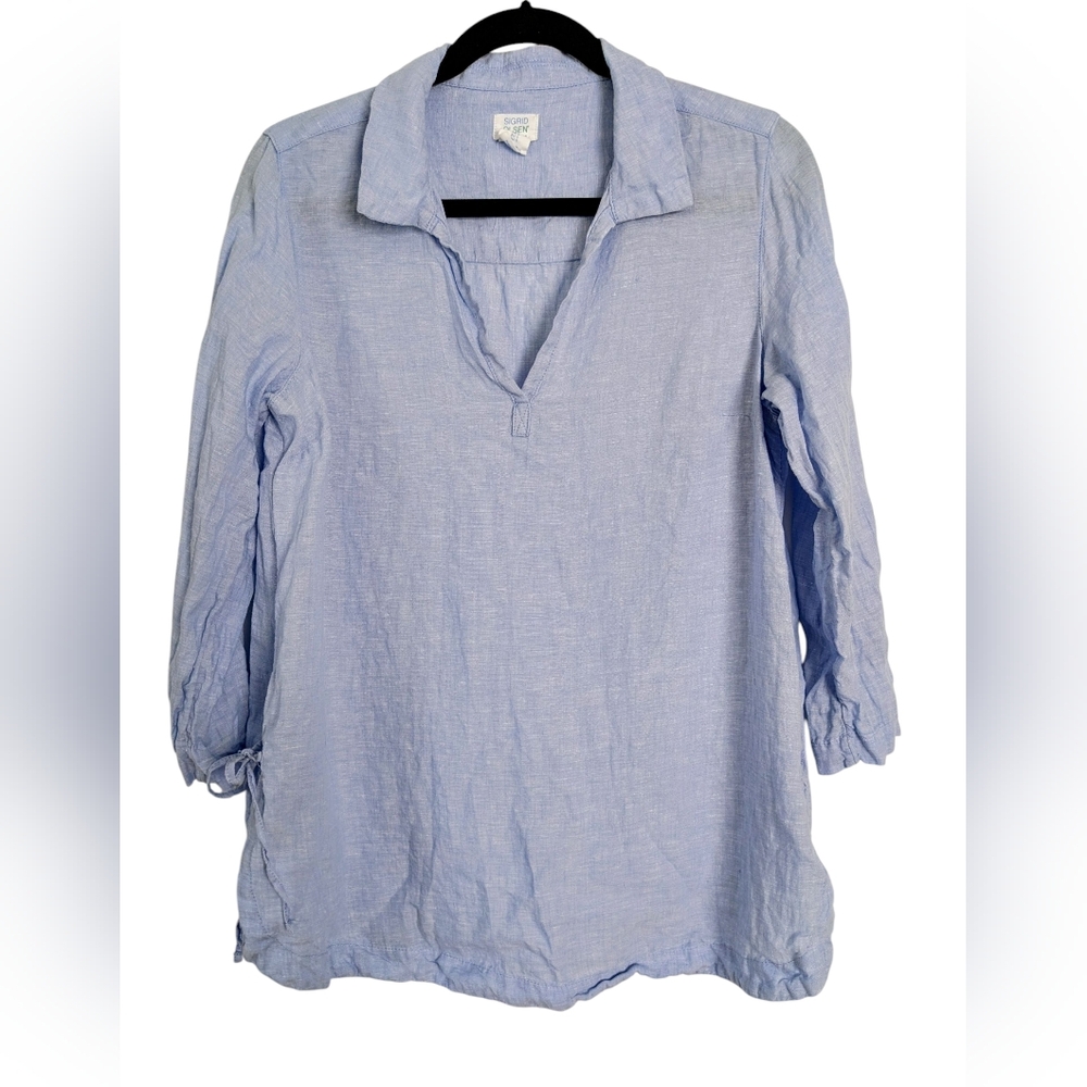 Sigrid Olsen Linen Tunic Top Blue Coastal Beachy Popover Relaxed Fit Summer